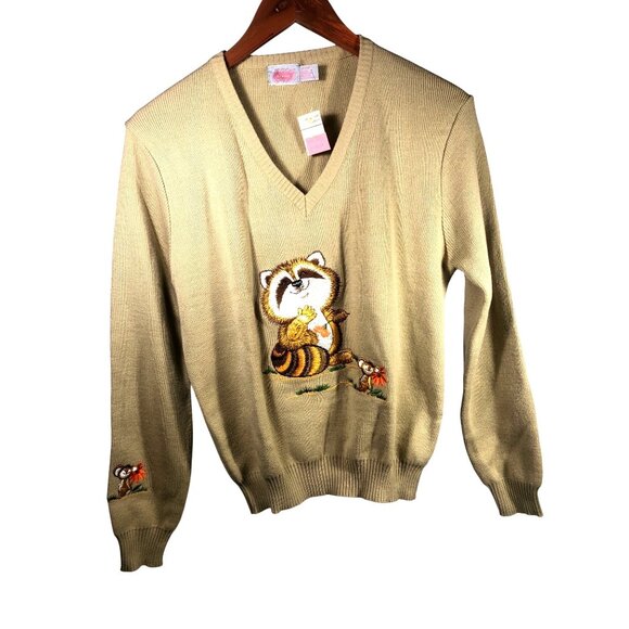 Vintage JC Penny’s Sweater With Embroidered Raccoon & Mouse Design Beige V-Neck - Picture 1 of 14